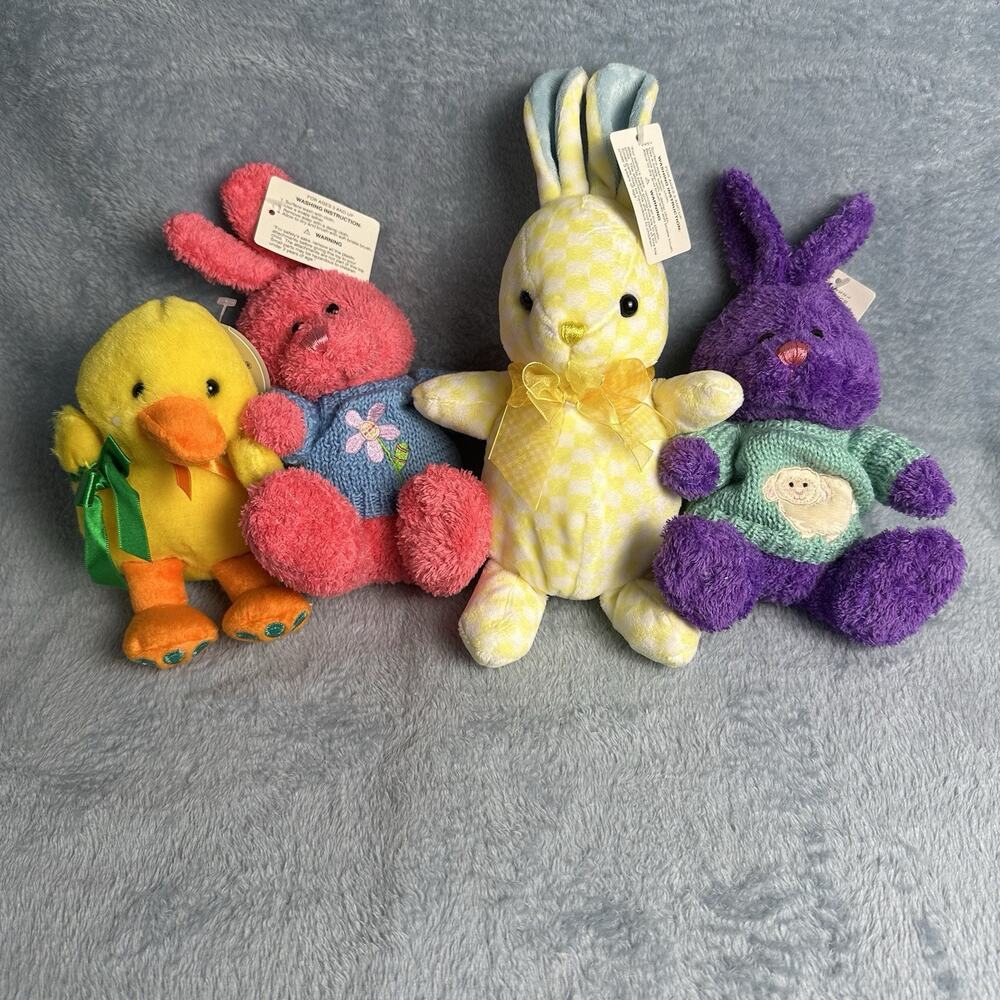 Vintage Easter Bunny Rabbit Duck Plush Purple Pink Yellow Sweater Lot of 4 NWT